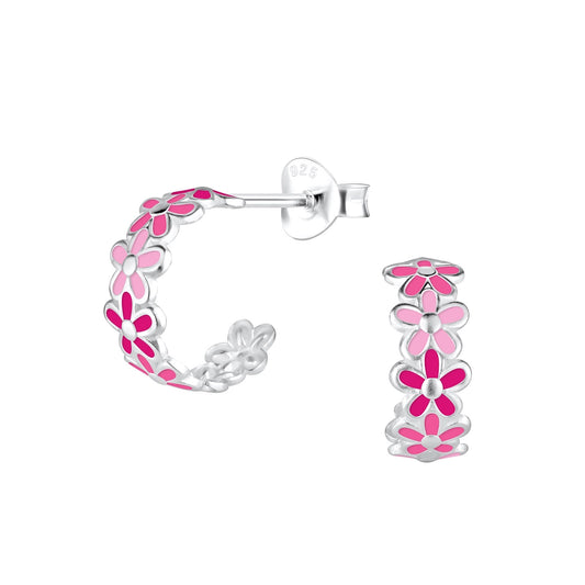 Children's Earrings:  Sterling Silver Two Tone Pink Flower Half Hoops