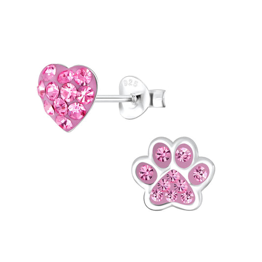 Children's Earrings:  Sterling Silver Pink CZ Pet Paw and Heart Earrings