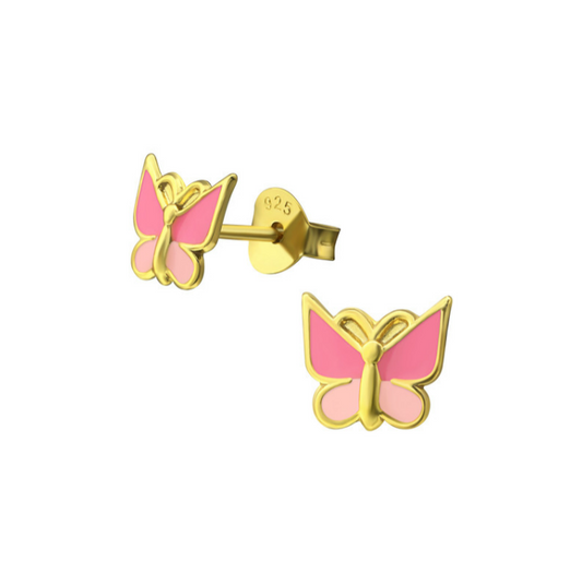 Children's Earrings:  14k Gold over Sterling Silver Two Tone Pink Butterflies