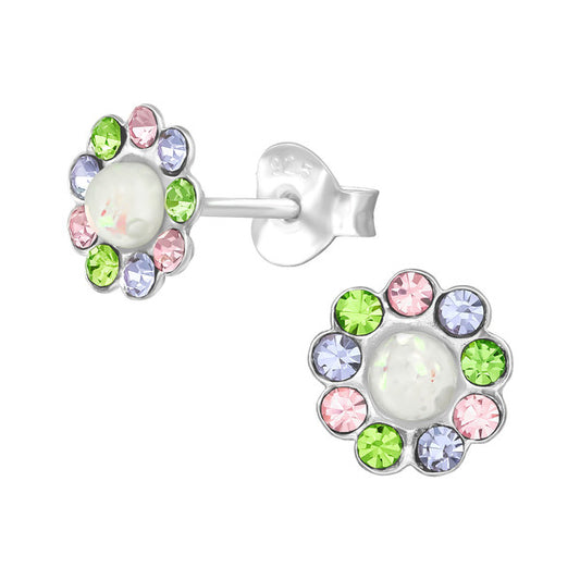 Children's Earrings:  Sterling Silver Pearl/CZ Flower Earrings Pink/Green/Lavender