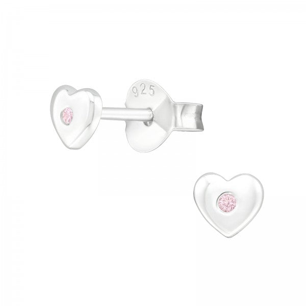 Baby Earrings:  Sterling Silver Hearts with Central Pink CZ - Newborn - 18 months
