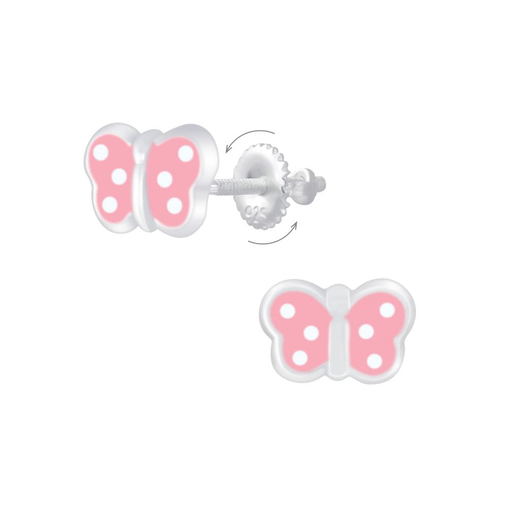 Baby and Children's Earrings:  Sterling Silver Pink Dotty Butterfly with Screw Backs