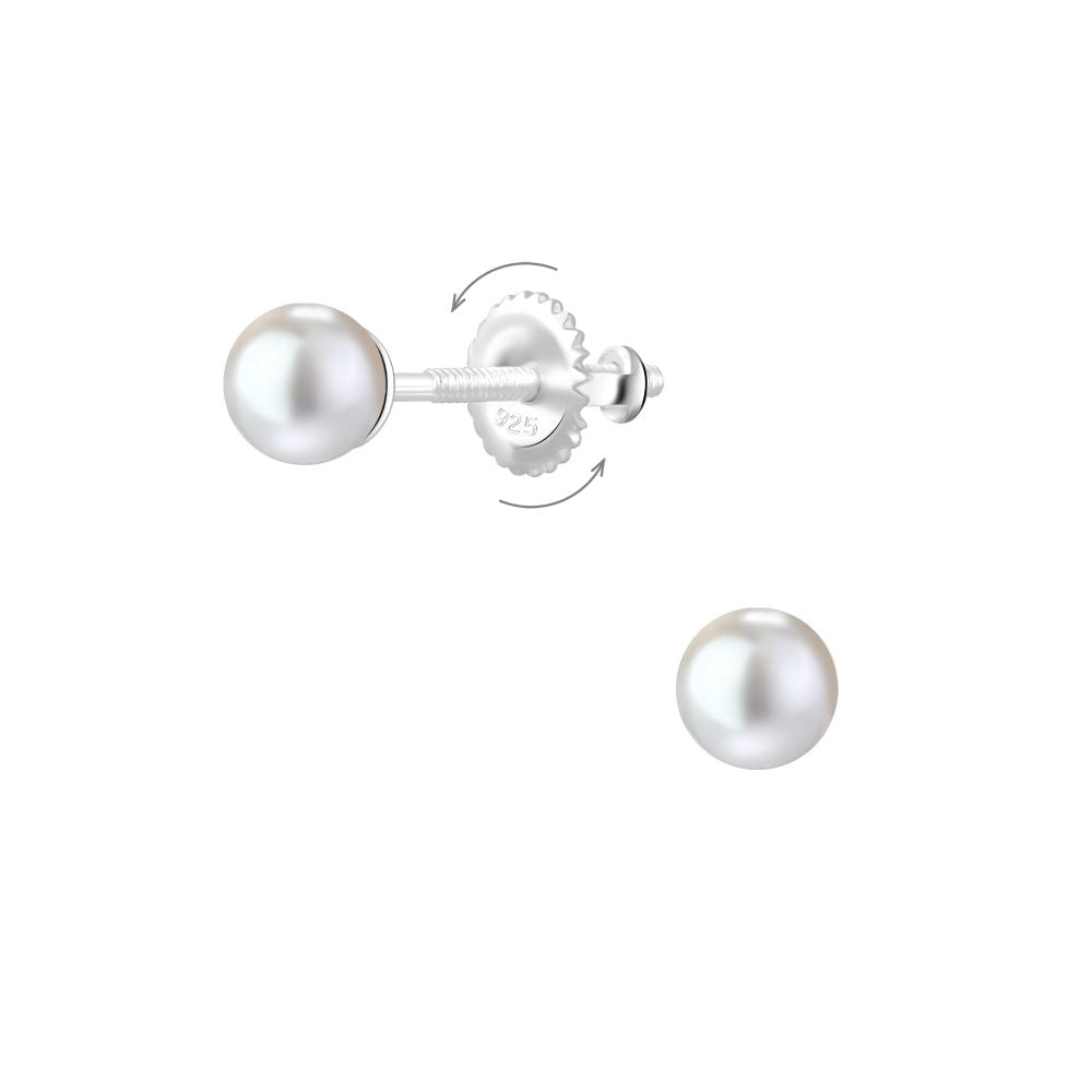 Baby Earrings:  Sterling Silver Pearl Studs with Screw Backs