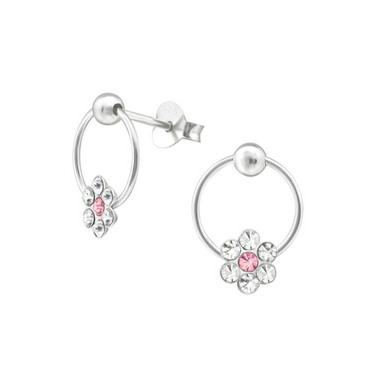 Children's Earrings:  Sterling Silver Pink/White Flower on Hoop Ball Studs