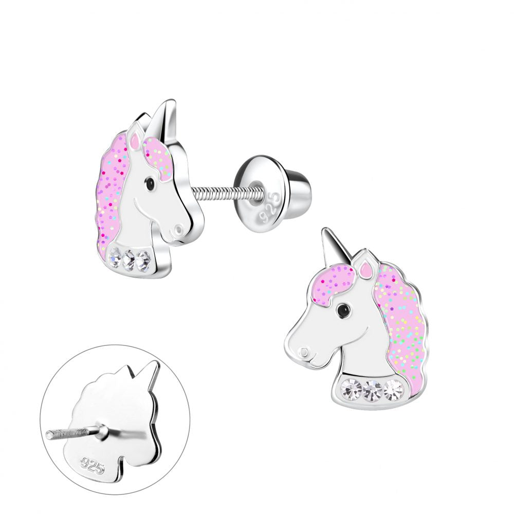 Children's Earrings:  Sterling Silver Glittery Pink/White Unicorns with Screw Backs