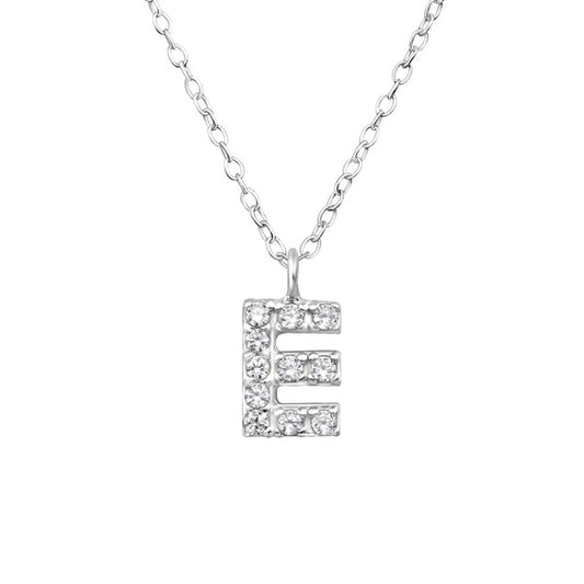 Children's Necklaces:  Sterling Silver, CZ Encrusted "E" Initial Necklace