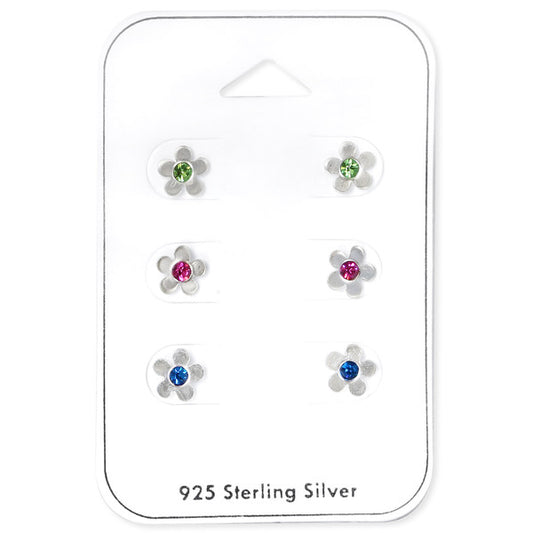 Flower earrings set featuring three pairs of 925 sterling silver earrings with green, pink, and blue cubic zirconia.