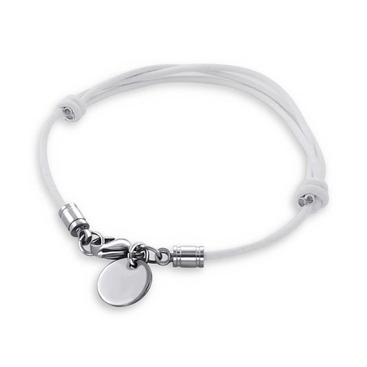 Friendship bracelet made of white leather with a surgical steel engravable circular disc and adjustable design.