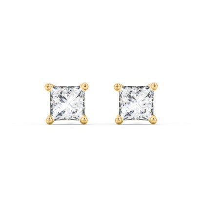 Gold CZ stud earrings featuring 10k princess cut 4mm cubic zirconia with screw backs for secure wear.