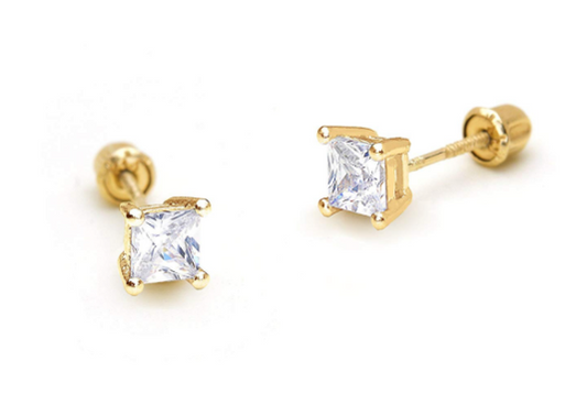Gold CZ stud earrings featuring 4mm princess cut cubic zirconia with secure screw backs for comfortable wear.