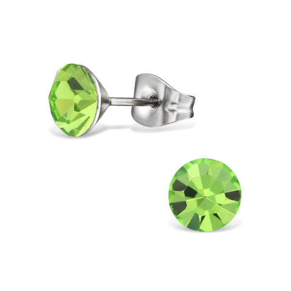 Green CZ stud earrings featuring 5mm peridot stones and surgical steel push backs for comfortable wear.