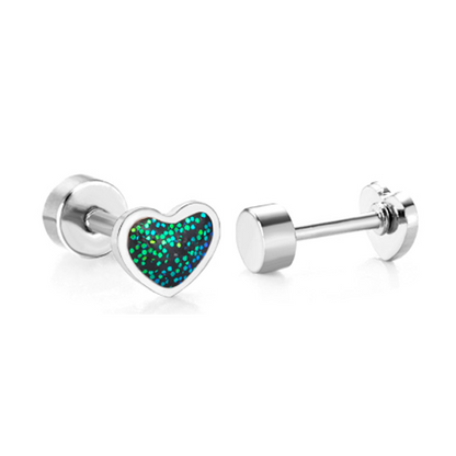 A pair of baby earrings with a heart shape and glittery green and blue enamel, attached to hypoallergenic surgical steel posts with screw backs for secure wear.