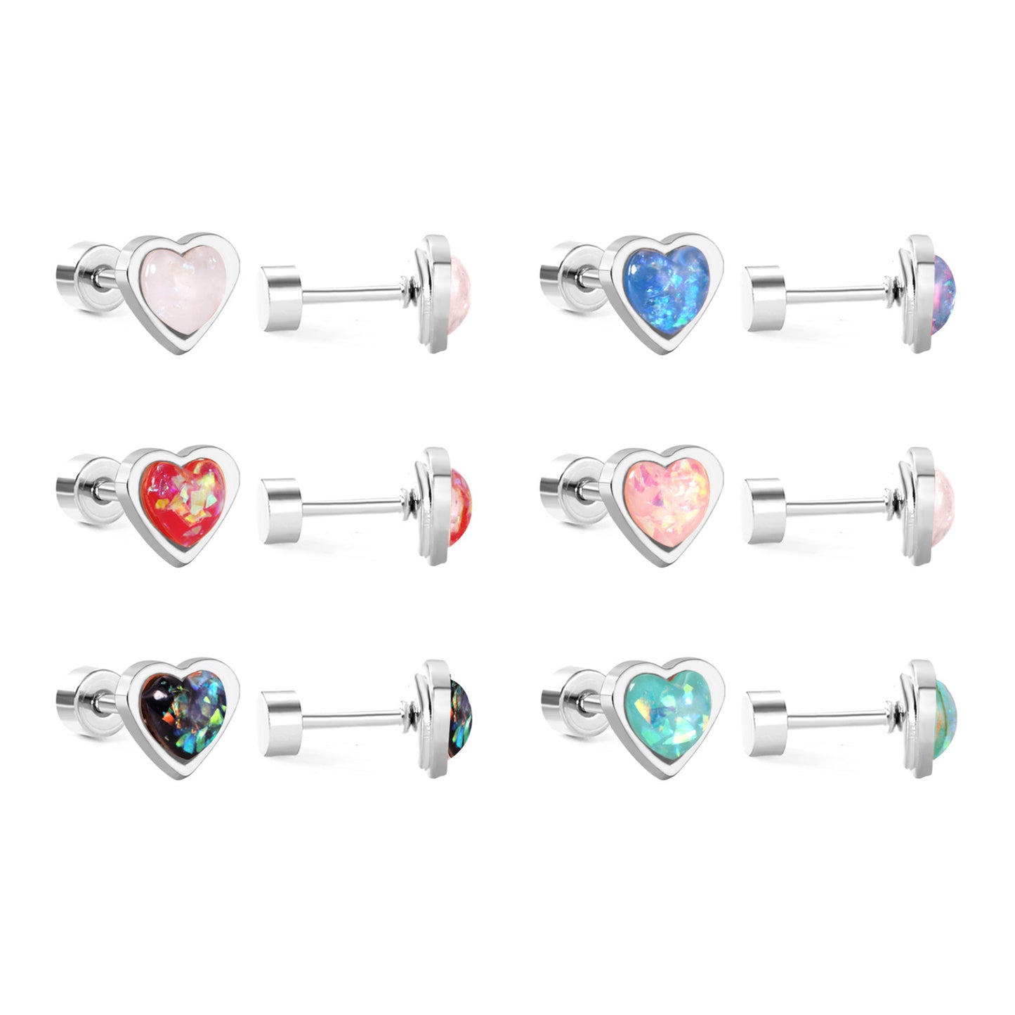 Children's, Teens' and Mothers' Earrings:  Surgical Steel, Sparkly Enamel Heart Earrings with Screw Backs - Opal Blue
