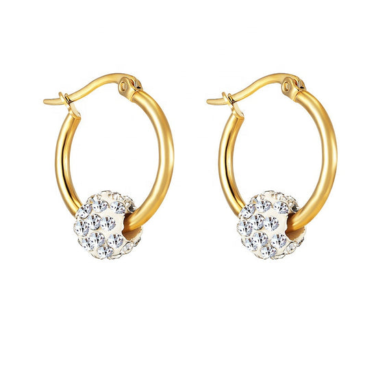 Teens' and Mothers' Earrings:  Gold IP Steel Hoops with Floating Crystal Balls