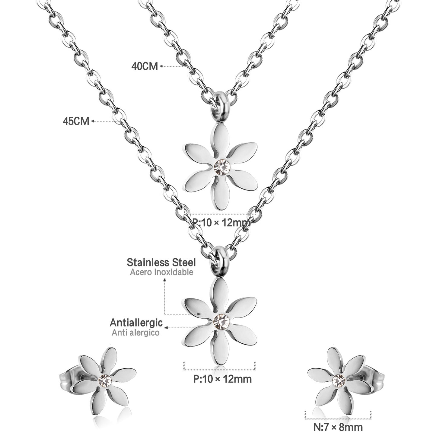 Children's, Teens' and Mothers' Necklace and Earrings Sets:  Surgical Steel, Layered Flower Necklace with Matching Earrings with CZ and Gift box.