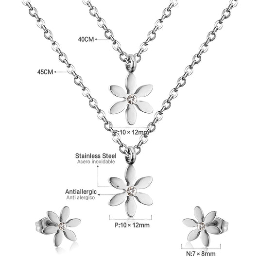 Children's, Teens' and Mothers' Necklace and Earrings Sets:  Surgical Steel, Gold IP Layered Flower Necklace with Matching Earrings with CZ and Gift box.
