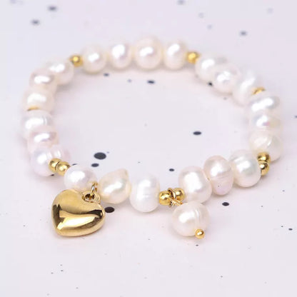 Children's Bracelets:  14k Gold IP Steel Bracelets with Freshwater Pearls and Heart Age 5 - 10