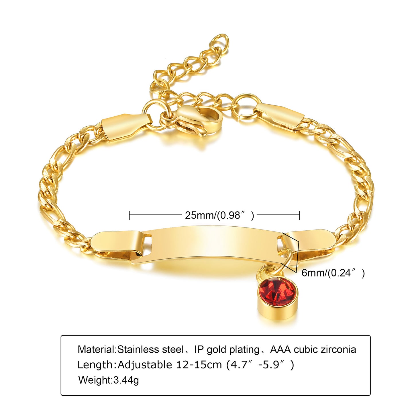 Baby and Children's Bracelets:  Steel with Gold IP Engravable Bracelets with Pink CZ Charm - Age 3 Months to 5 Years