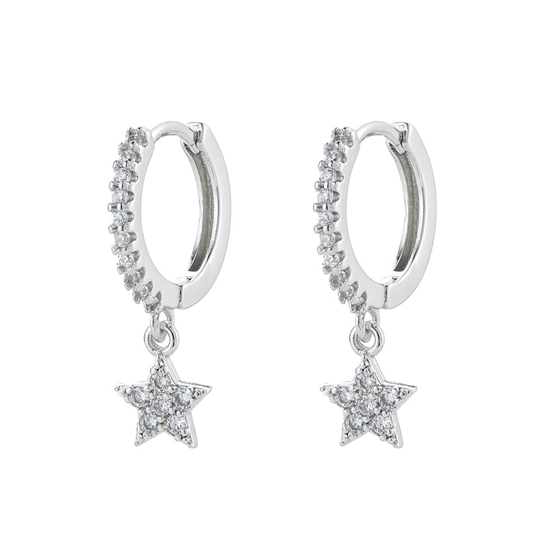 Children's earrings:  Sterling Silver Clear CZ Huggie/Hoops with CZ Encrusted Star Dangles Ages 6 - Teens