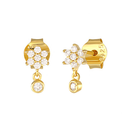 Baby Earrings:  14k Gold over Sterling Silver (Vermeil) Flower Earrings with Tiny AAA CZ Dangle