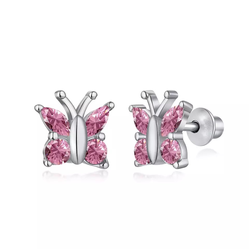 Children's Earrings:  Sterling Silver Pink CZ Butterfly Screw Back Earrings