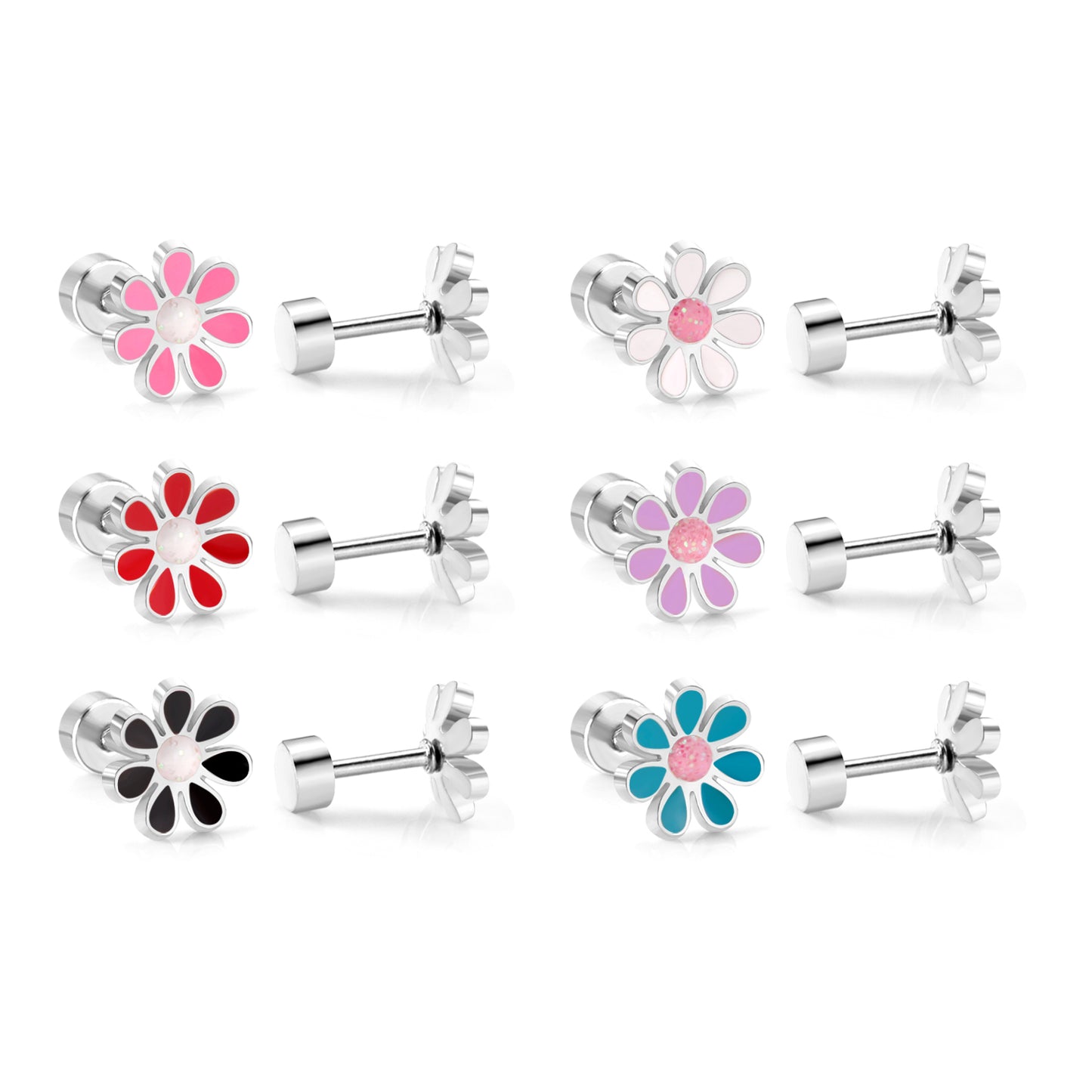Children's Earrings:  Surgical Steel Black/White Flowers with Screw Backs
