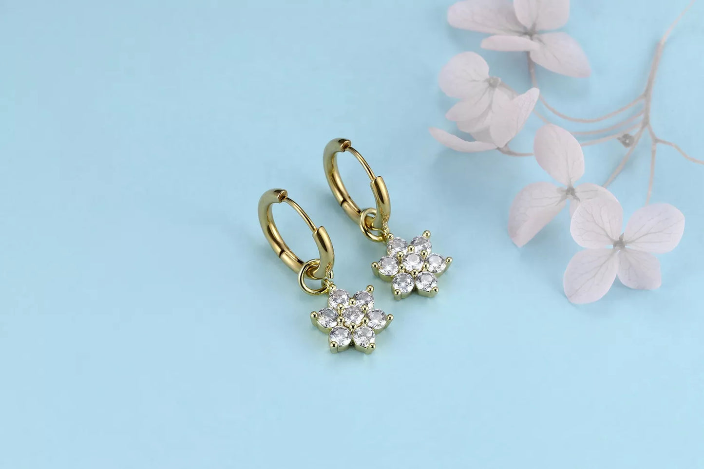 Children's, Teens' and Mothers' Earrings:  Surgical Steel, Gold IP Hoops with AAA CZ Flowers