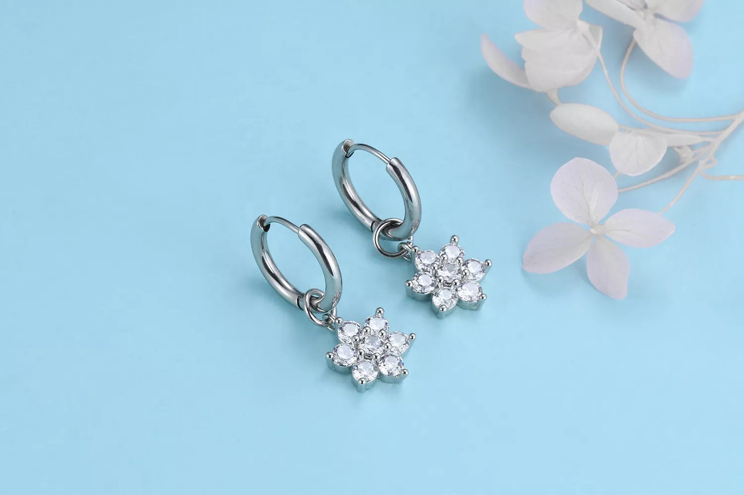Children's, Teens' and Mothers' Earrings:  Surgical Steel Hoops with CZ Flowers