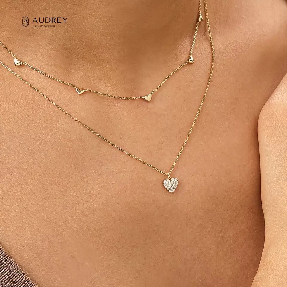 Children's Necklaces - 14k Gold over Sterling Silver (Vermeil) 40cm CZ Encrusted Heart Necklaces with Gift Boxes - Audrey Collection