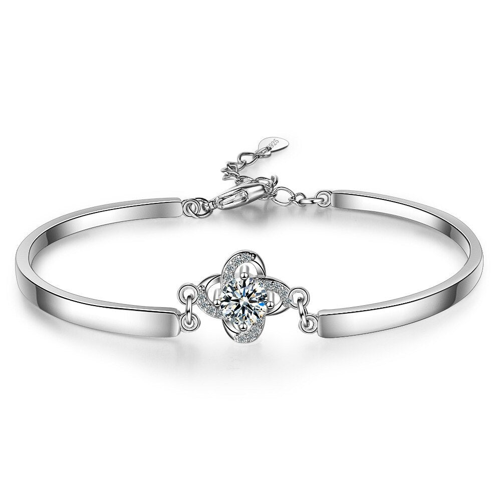 Children's Bracelets:  Sterling Silver Bangle Bracelets with CZ Flower and Extension Age 6 - Teens, with Gift Box