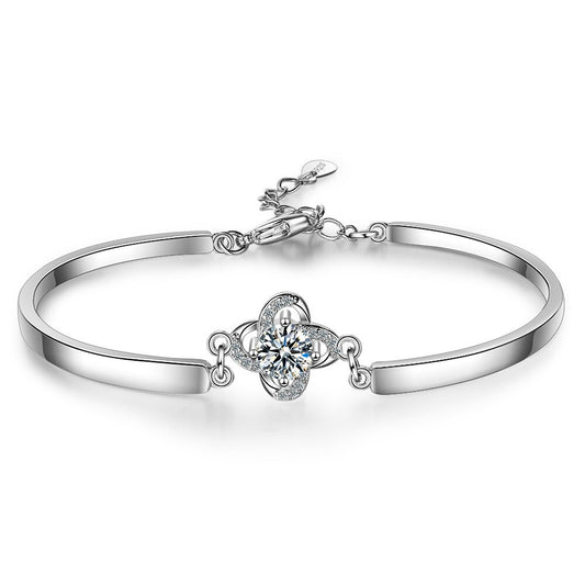 Children's Bracelets:  Sterling Silver Bangle Bracelets with CZ Flower and Extension Age 6 - Teens, with Gift Box