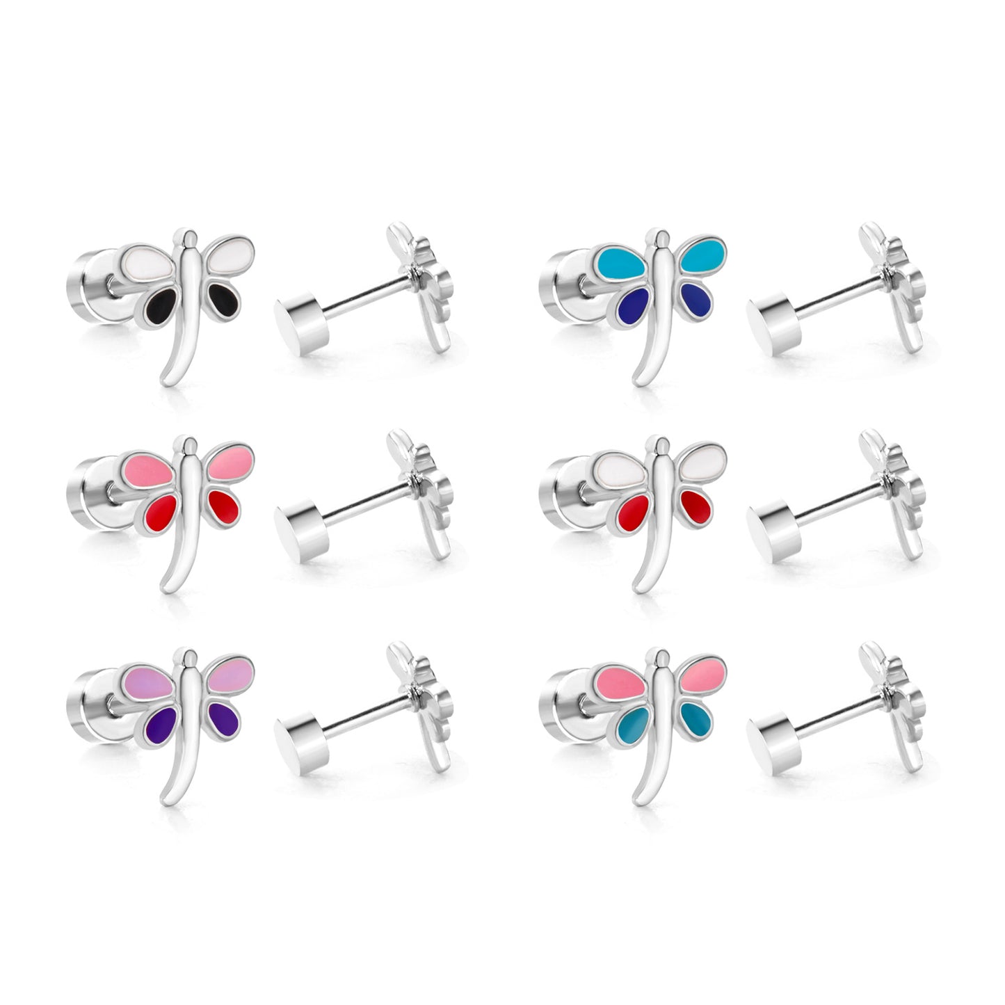 Children's Earrings:  Surgical Steel Enamelled Dragonfly Earrings with Screw Backs