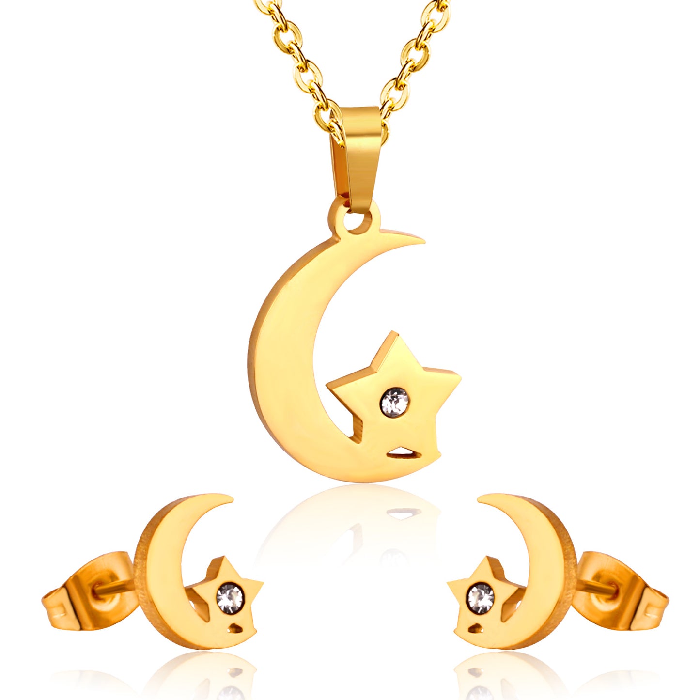 Children's, Teens' and Mothers' Necklace/Earrings Sets:  Surgical Steel, Gold IP Moon and Stars