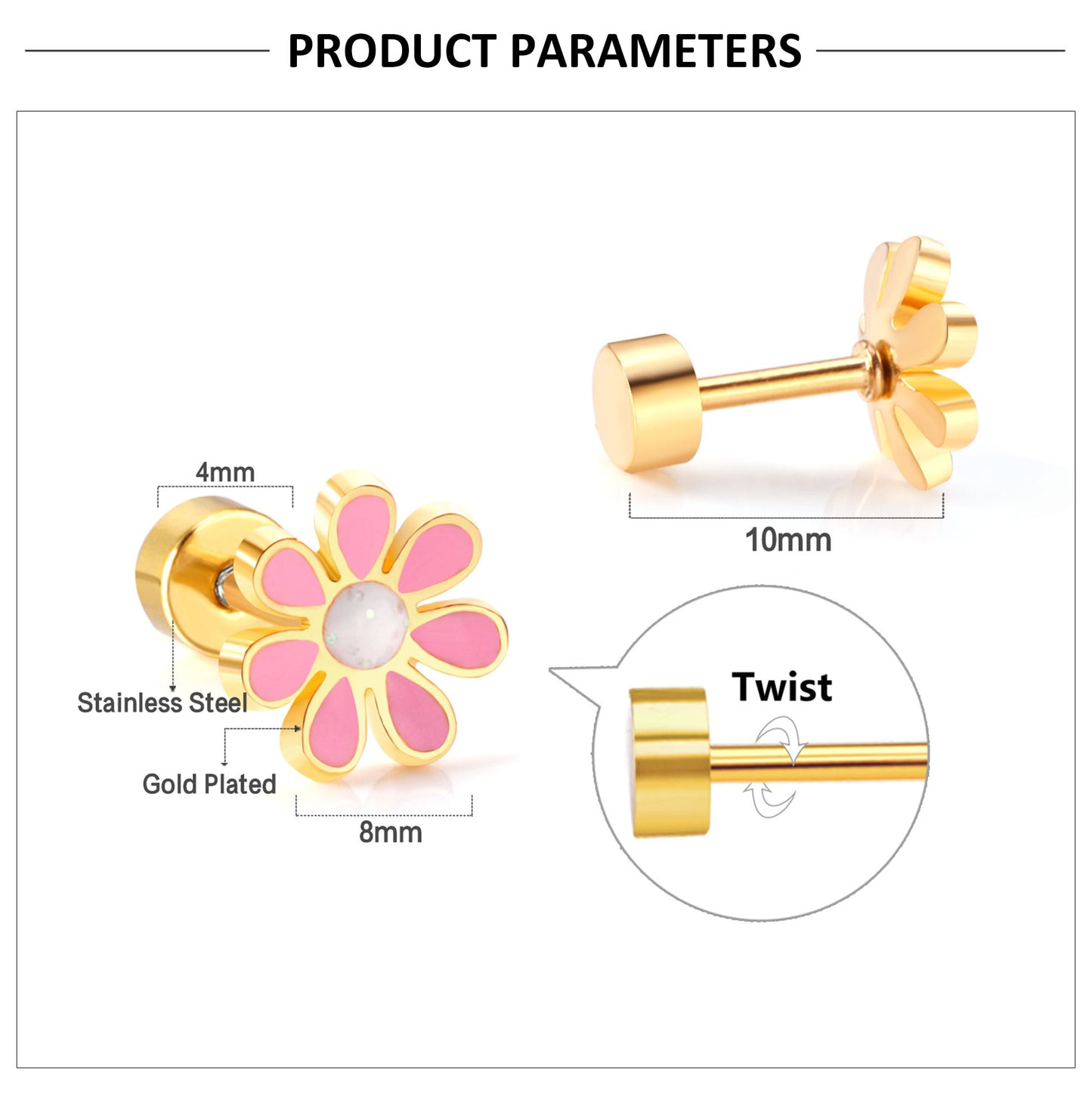 Children's Earrings:  Surgical Steel with Gold IP Pink/White Flowers with Screw Backs