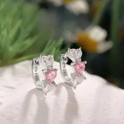 Baby and Children's Huggies:  Sterling Silver Huggies with Pink and White AAA CZ Hearts