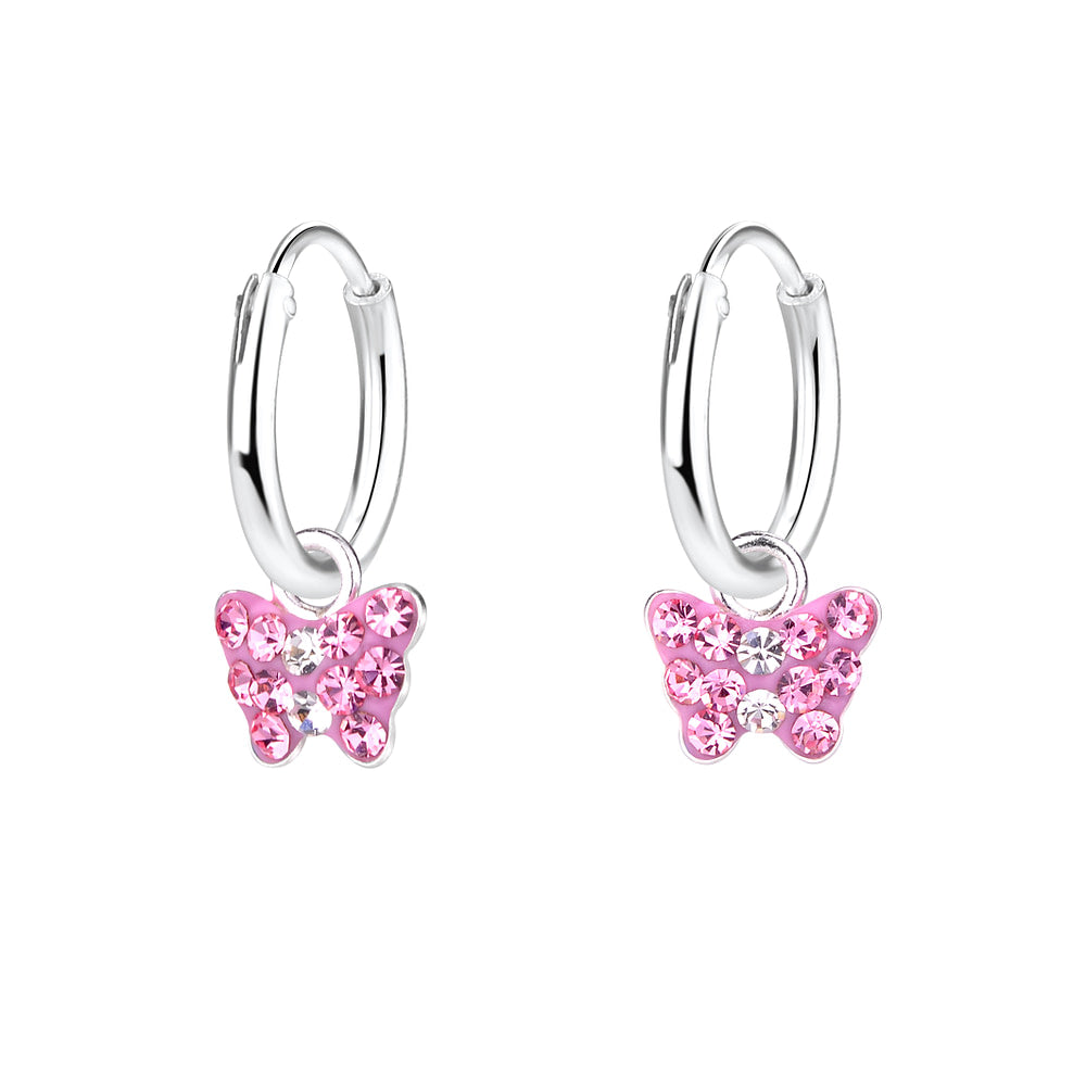 Baby and Children's Earrings:  Sterling Silver 12mm Sleepers/Hoops with Tiny Pink Butterflies