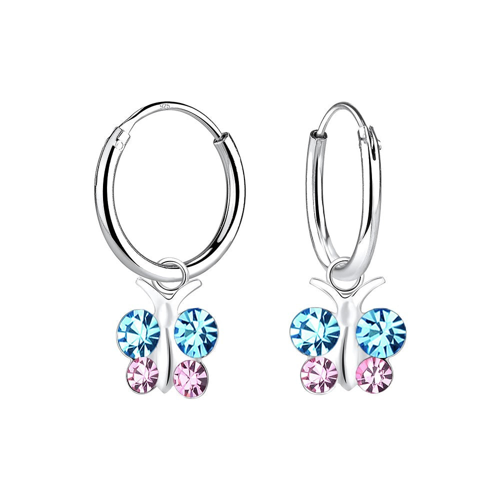 Children's Earrings:  Sterling Silver Sleepers with Blue/Pink CZ Butterflies