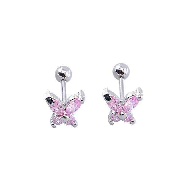 Children's, Teens' and Mothers' Earrings:  Surgical Steel Pink CZ Butterflies with Ball Screw Backs