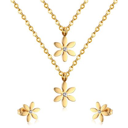 Children's, Teens' and Mothers' Necklace and Earrings Sets:  Surgical Steel, Gold IP Layered Flower Necklace with Matching Earrings with CZ and Gift box.
