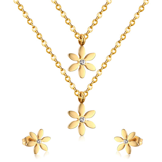 Children's, Teens' and Mothers' Necklace and Earrings Sets:  Surgical Steel, Gold IP Layered Flower Necklace with Matching Earrings with CZ and Gift box.