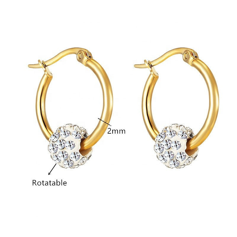 Teens' and Mothers' Earrings:  Gold IP Steel Hoops with Floating Crystal Balls