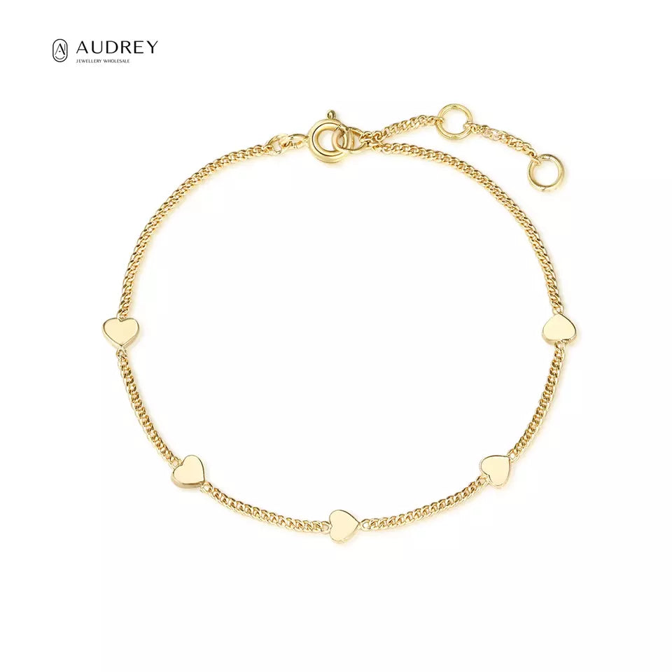 Children's Braceletes:  14k Gold over Sterling Silver Heart Bracelets Ages 6 - Teens - Audrey Collection