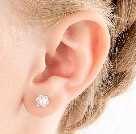 Children's Earrings:  14k Gold Cultured Pearl, Clear CZ Flower Earrings with Screw Backs