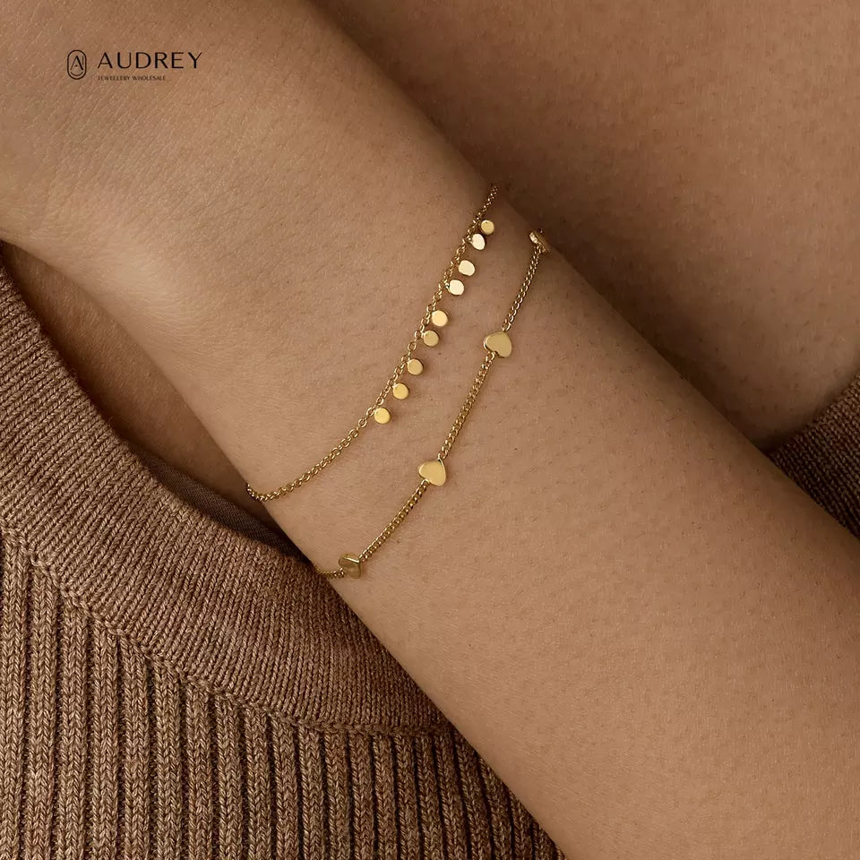 Children's Braceletes:  14k Gold over Sterling Silver Heart Bracelets Ages 6 - Teens - Audrey Collection
