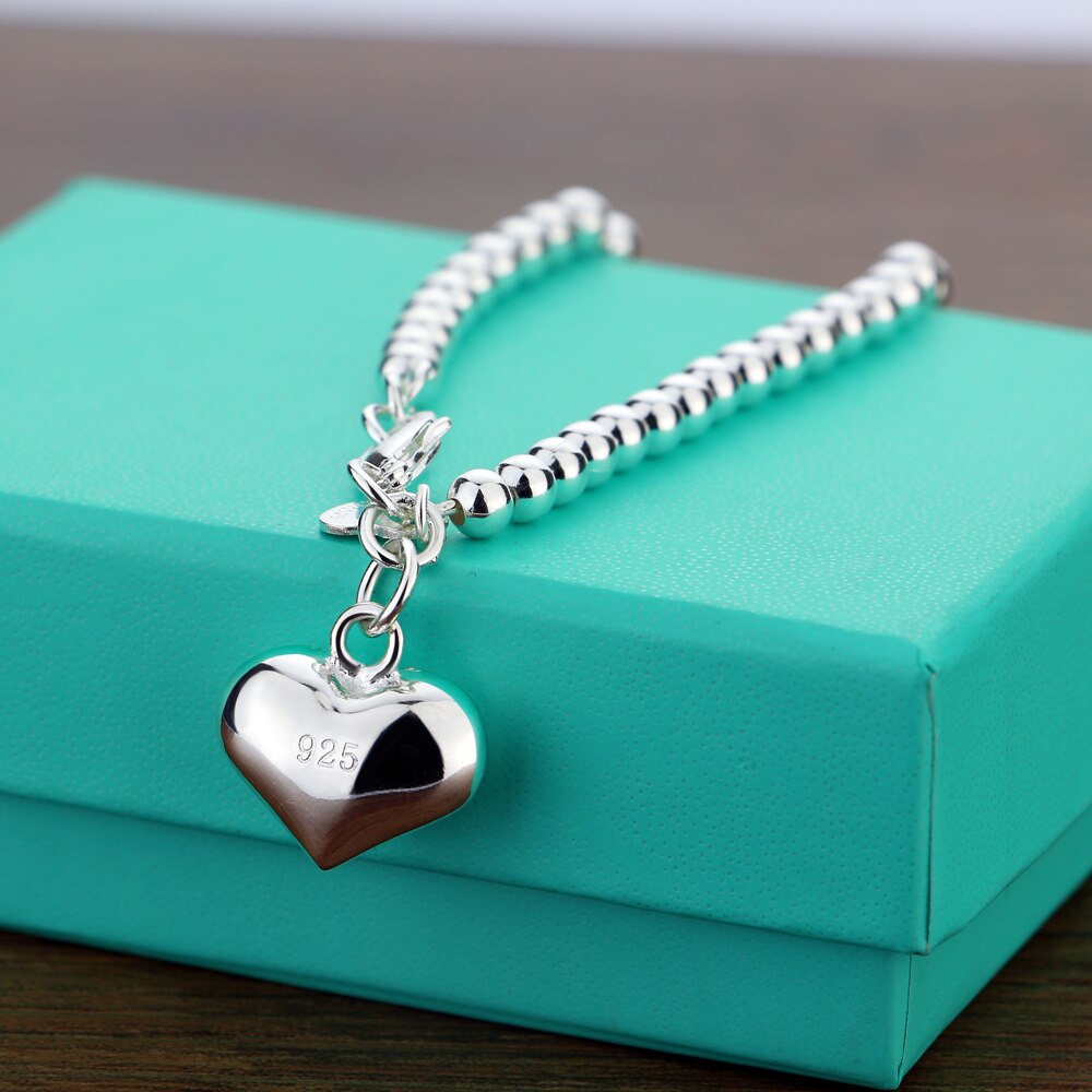 Children's Bracelets:  Sterling Silver Premium, Hallmarked, Heart Charm Ball Bracelets 15+1cm, with Gift Box