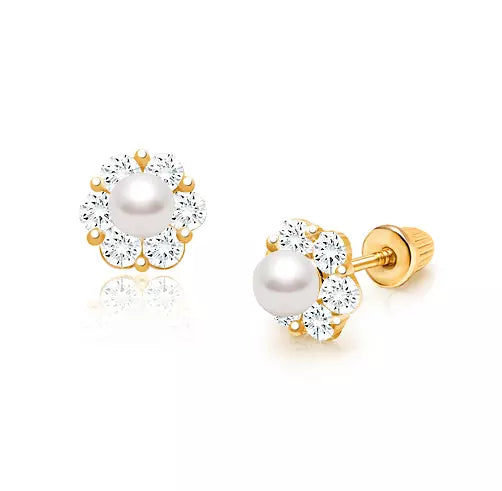 Children's Earrings:  14k Gold Cultured Pearl, Clear CZ Flower Earrings with Screw Backs