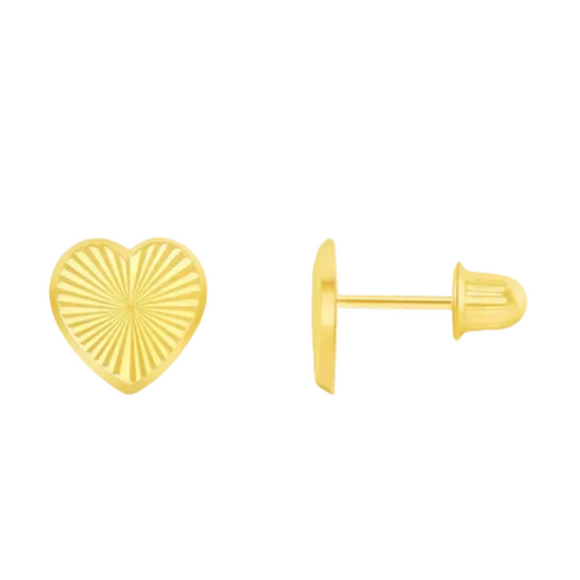 Heart earrings featuring 14k solid gold sunray heart studs with screw backs, perfect for all ages.