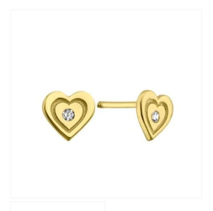 Children's earrings in 14k solid gold tiny heart studs with cubic zirconia center.