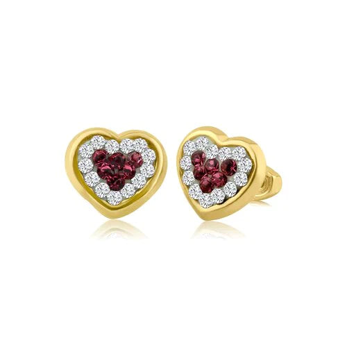 Heart earrings made of solid 14k yellow gold with ruby centers and cubic zirconia accents, featuring secure screw backs.
