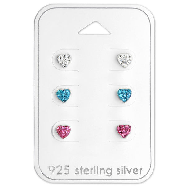 Heart earrings set featuring three pairs of sterling silver heart earrings in clear, pink, and aqua cubic zirconia.